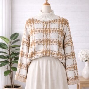🎅 3/$15 SALE A.N.A White and Mustard Plaid Cowl Neck Oversized Knit Sweater L